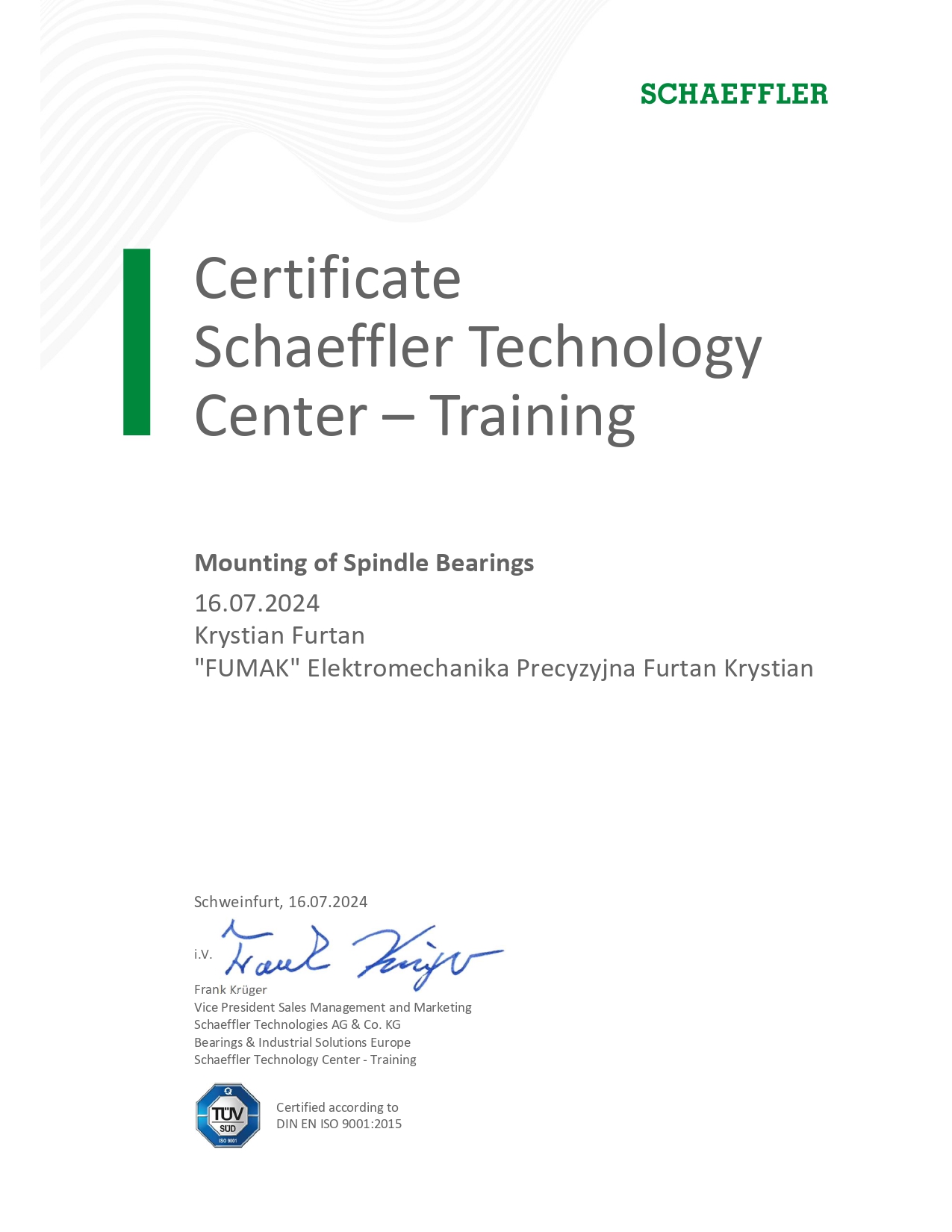 Certyfikat szkolenia Schaeffler Technology
