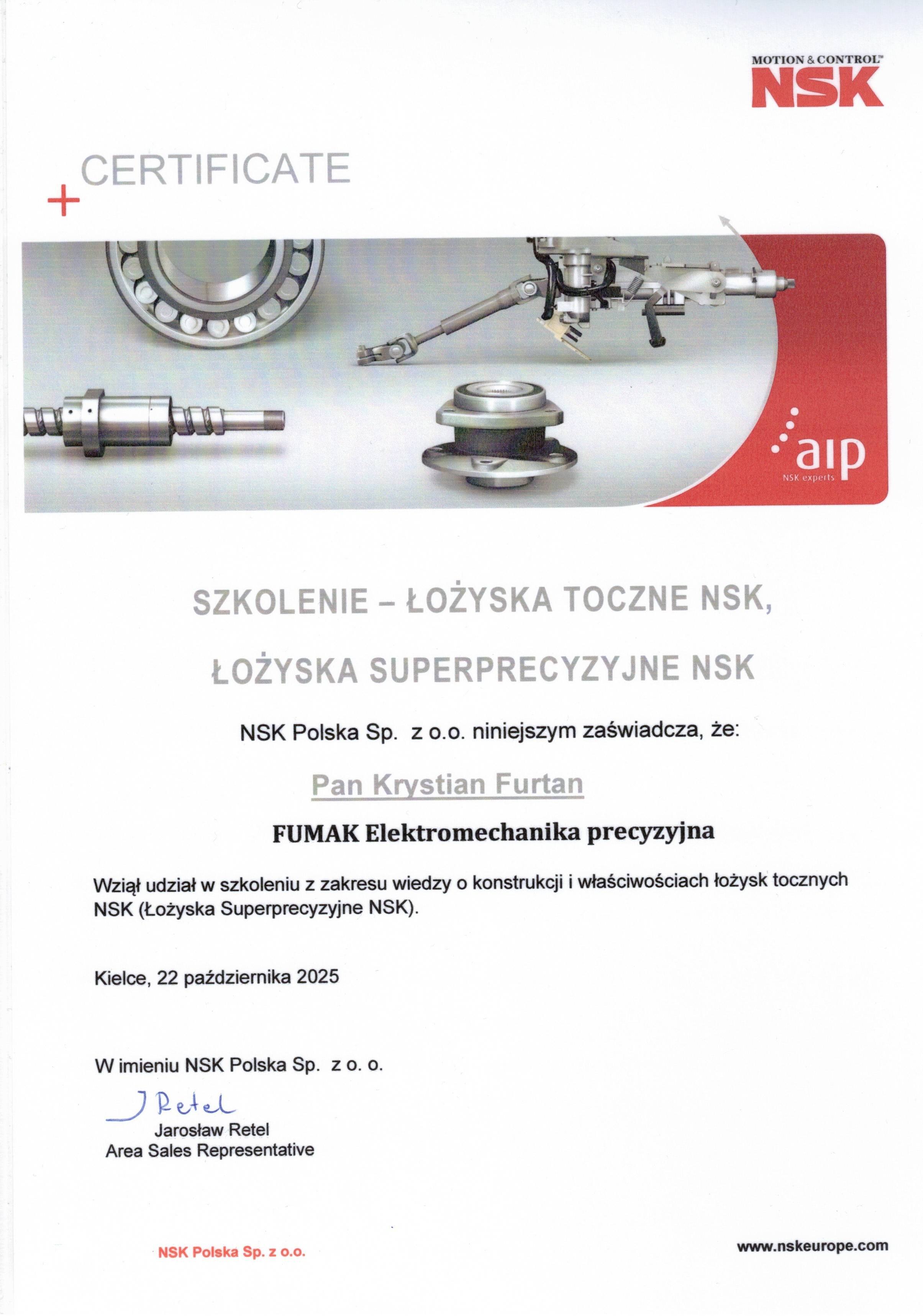 Certyfikat szkolenia NSK