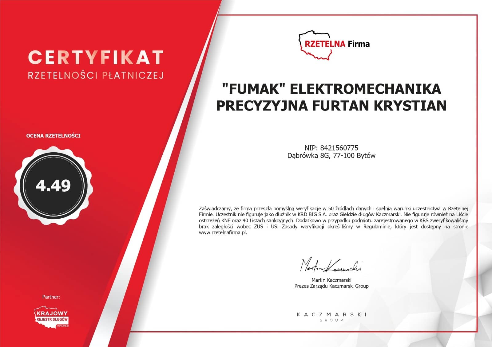 Certyfikat ukończenia szkolenia